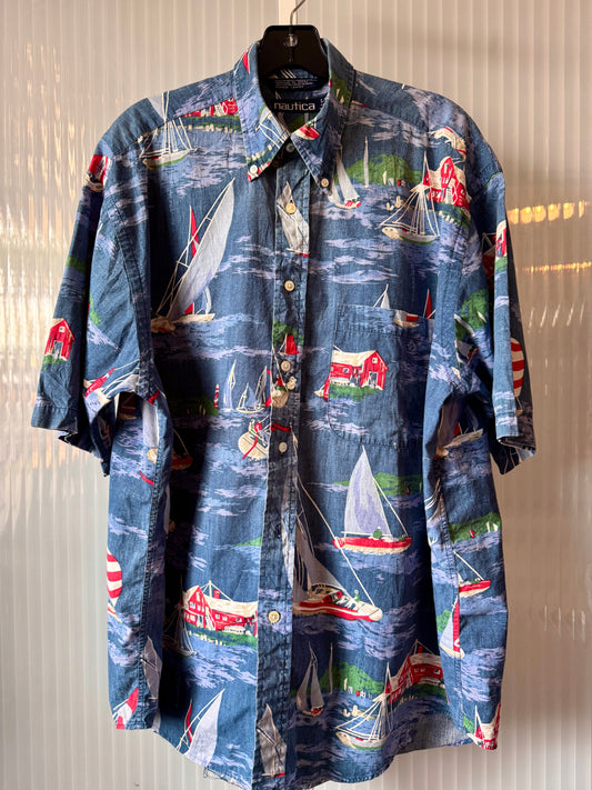 1990s Blue Sailboat Button Down Shirt