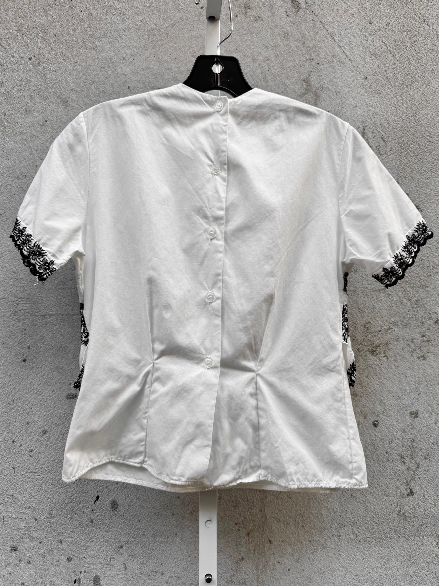 1970s White Layered Blouse with Black Floral Embroidery