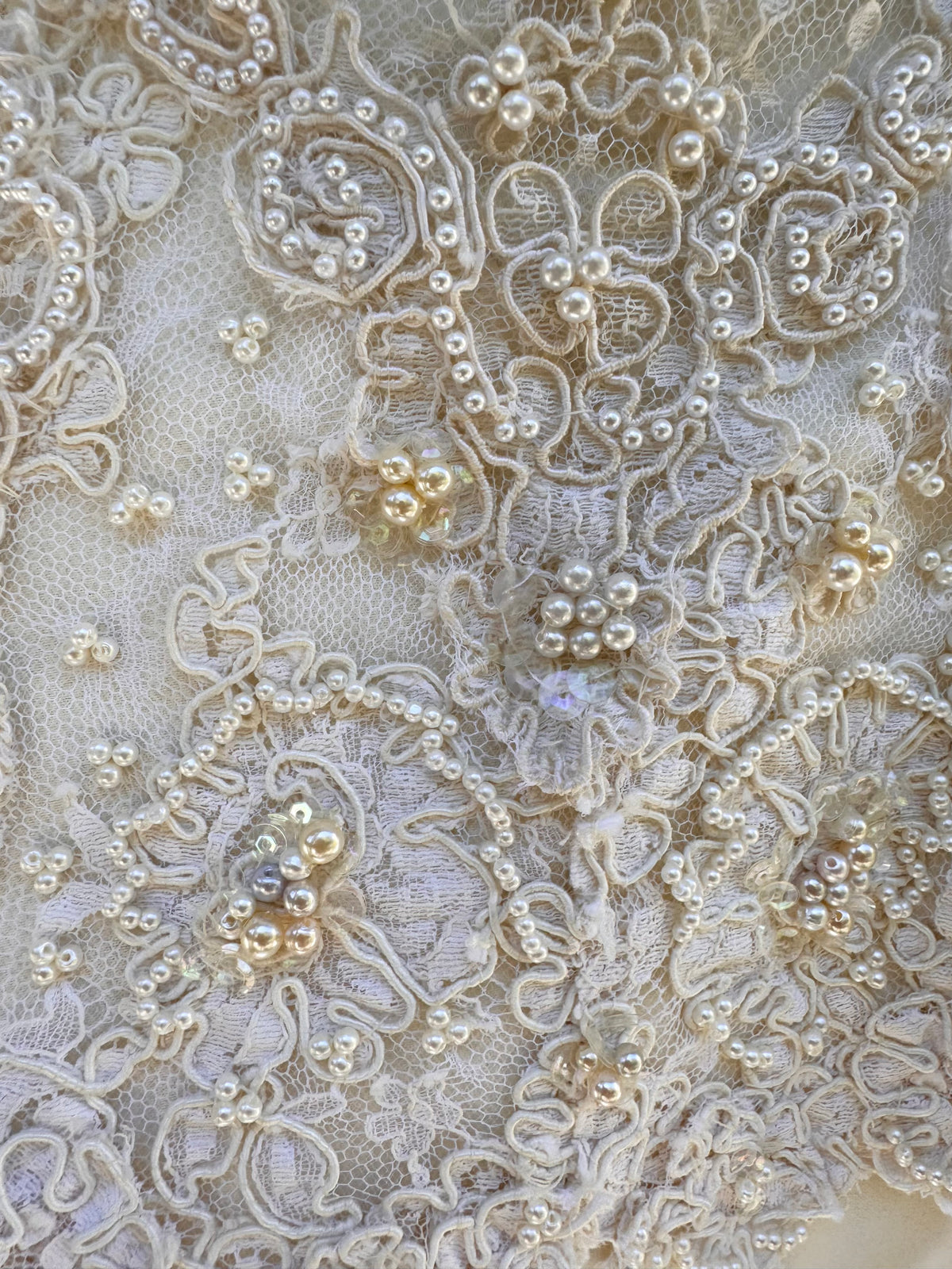 1980s Ivory Beaded Lace Long Sleeve A-Line Wedding Dress