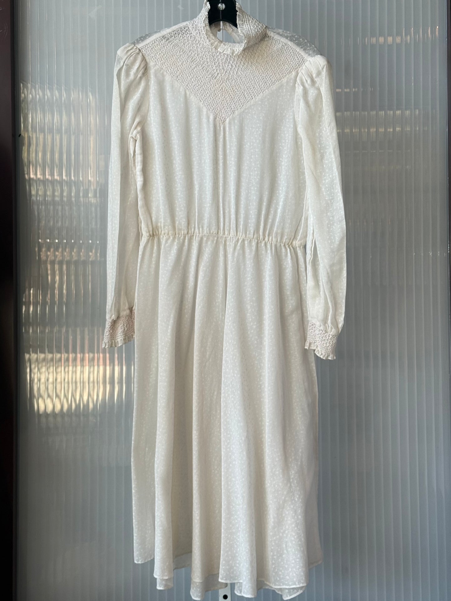 1980s Does Edwardian White Sheer Dress w/ Smocked Yolk & Ruffle Collar