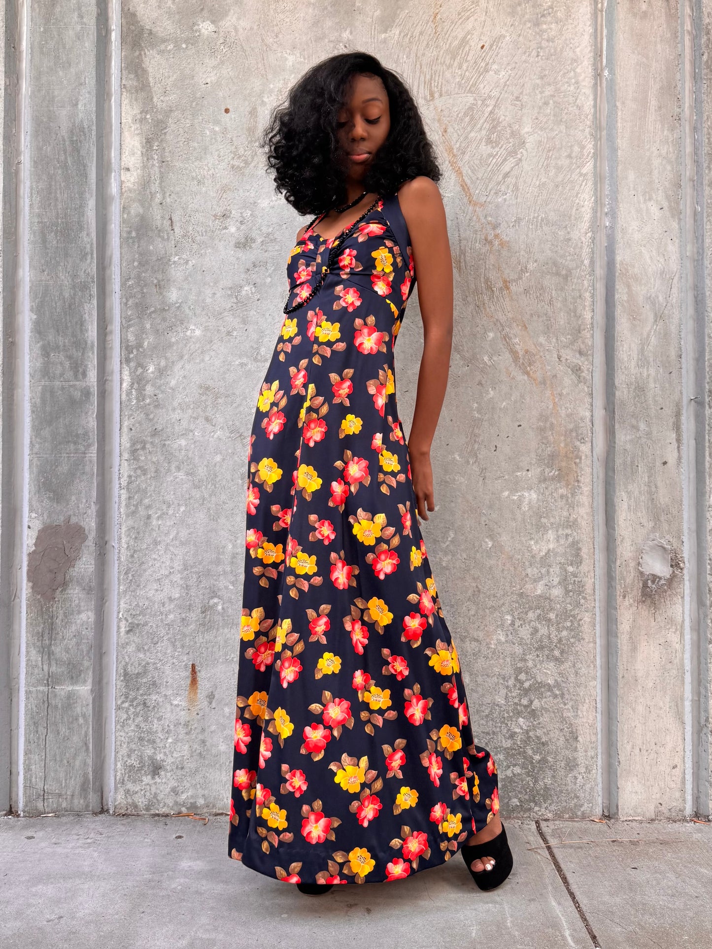 1970s Red & Yellow Floral Black Halter Dress