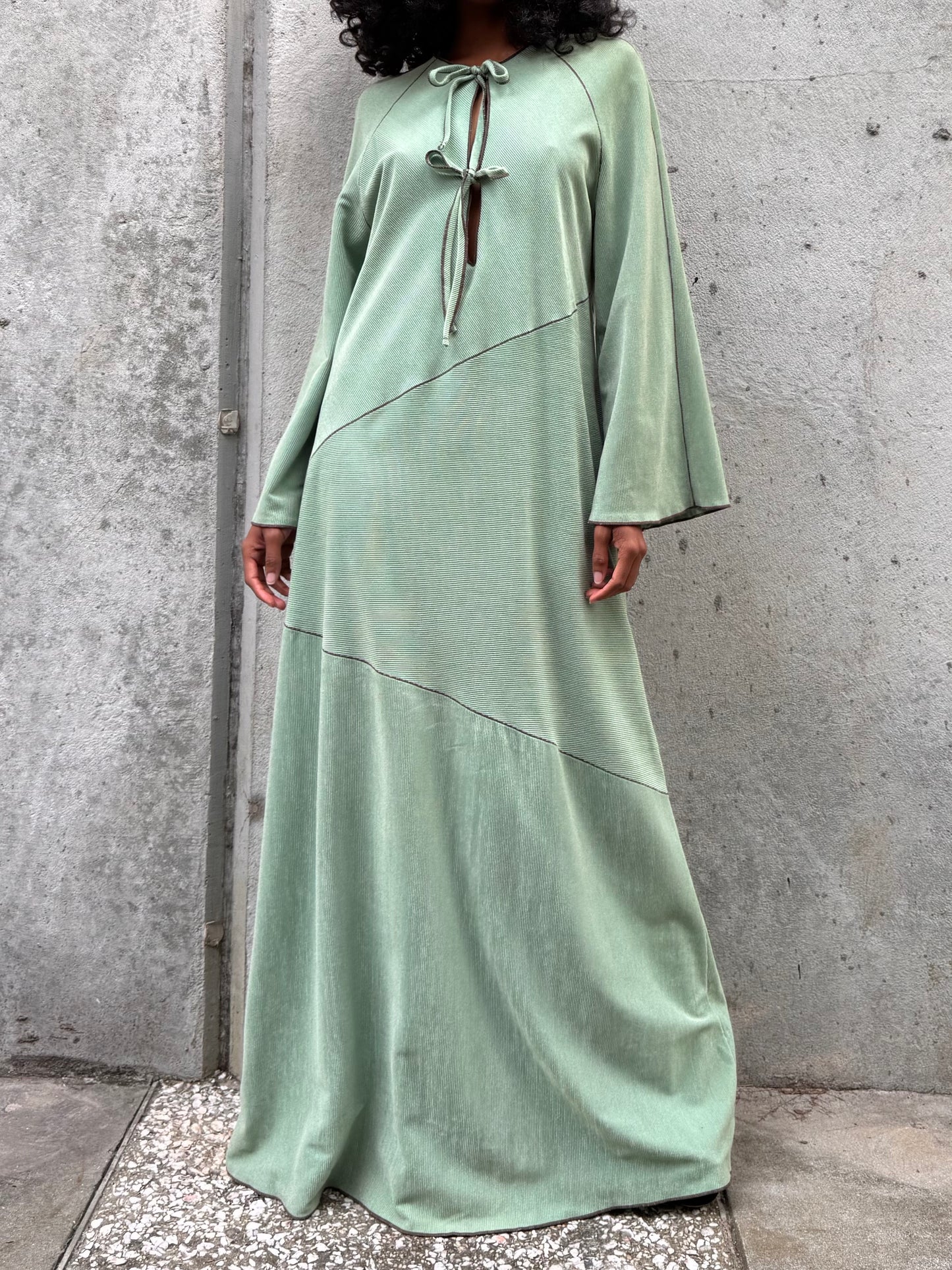 1970s Sage Green Dress with Brown Stitching