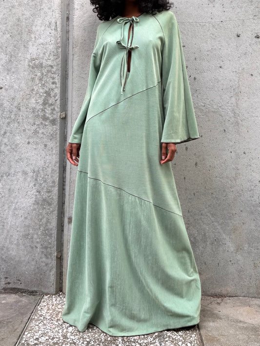 1970s Sage Green Dress with Brown Stitching