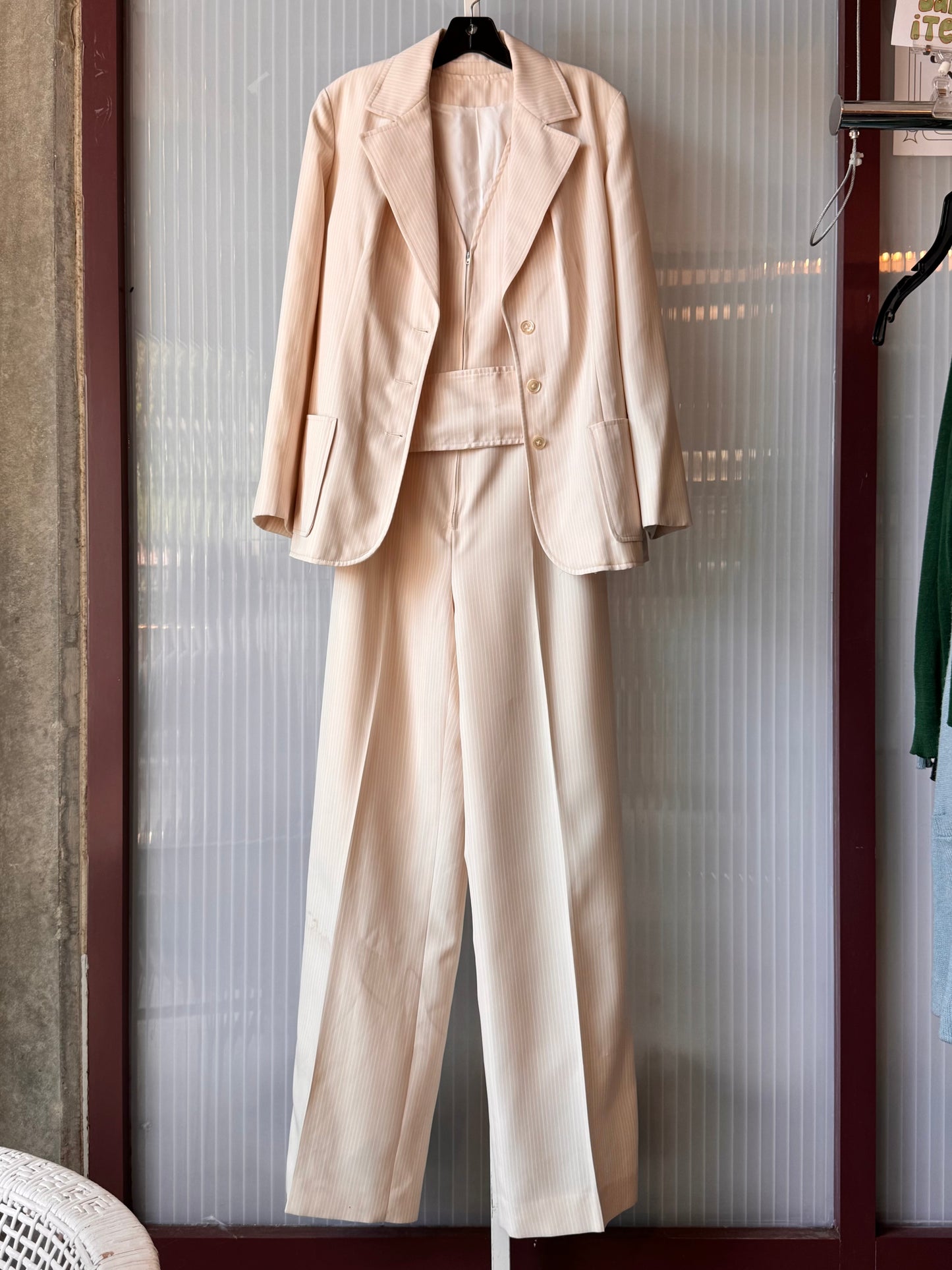 1970s Cream & White Pinstripe Jumpsuit & Blazer Set