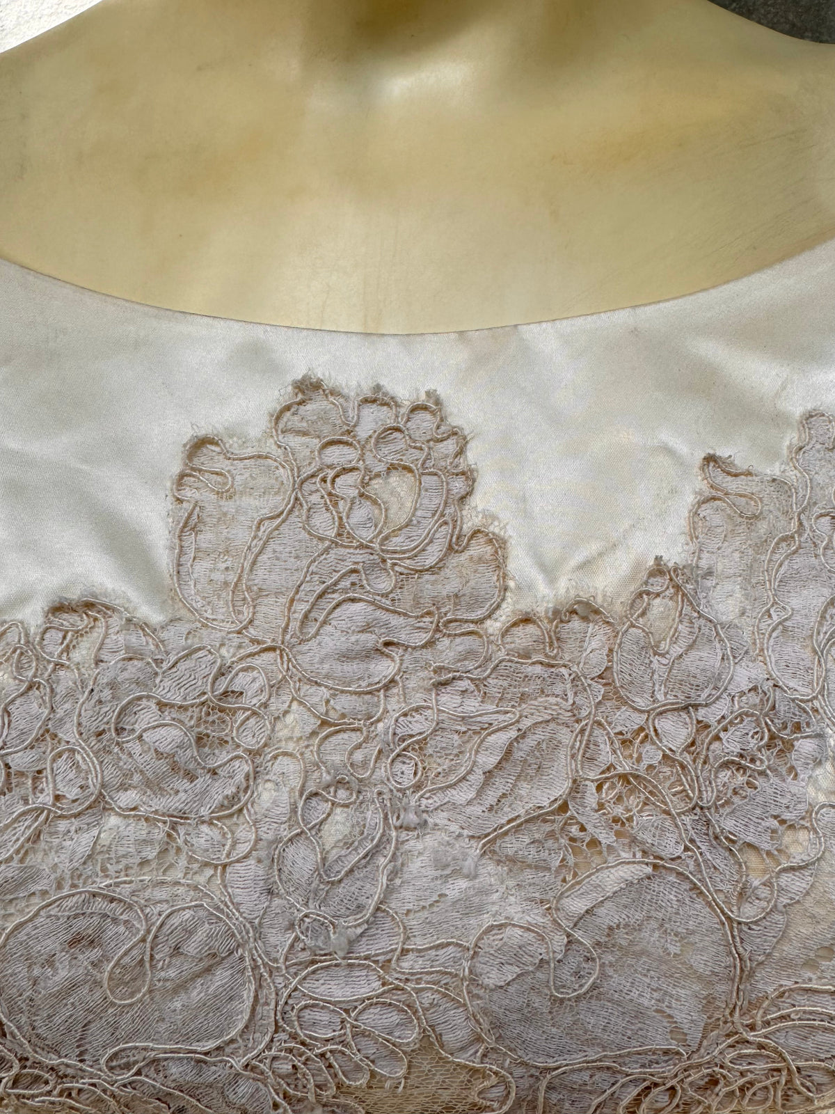 Late 1960s / Early 1970s Cream Satin & Lace Wedding Dress