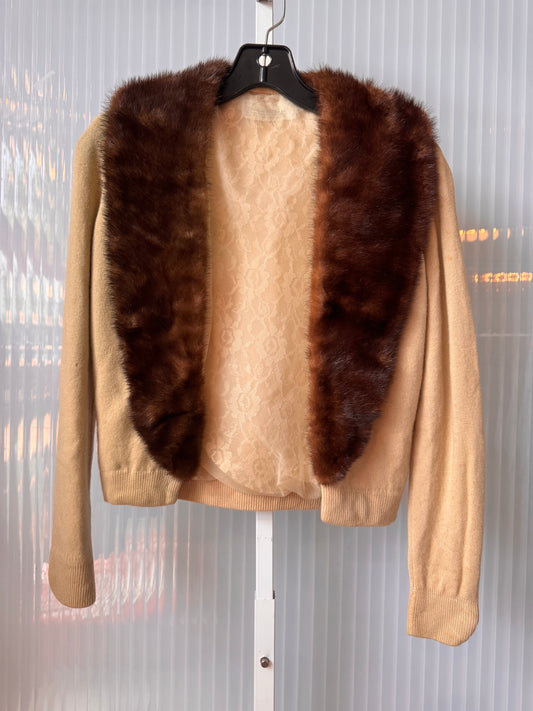 1950s Brown Fur Collar Tan Knit Sweater