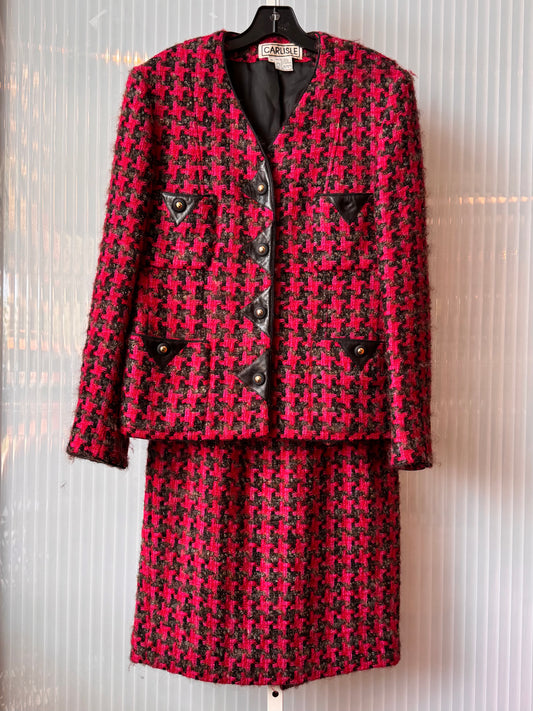 1980s Fuschia & Black Pinwheel Houndstooth Jacket & Skirt Suit Set