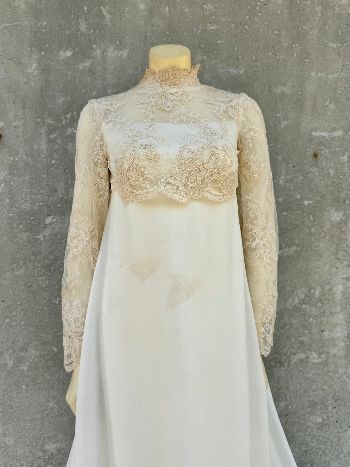 1960s Cream Empire Waist Lace & Organza Wedding Dress