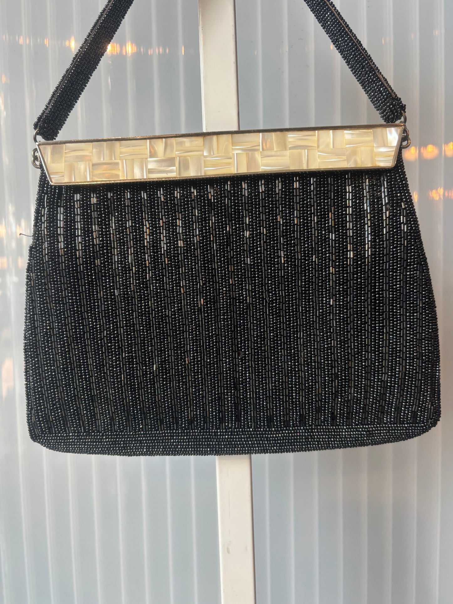 1960s Mother of Pearl Black Beaded Evening Bag