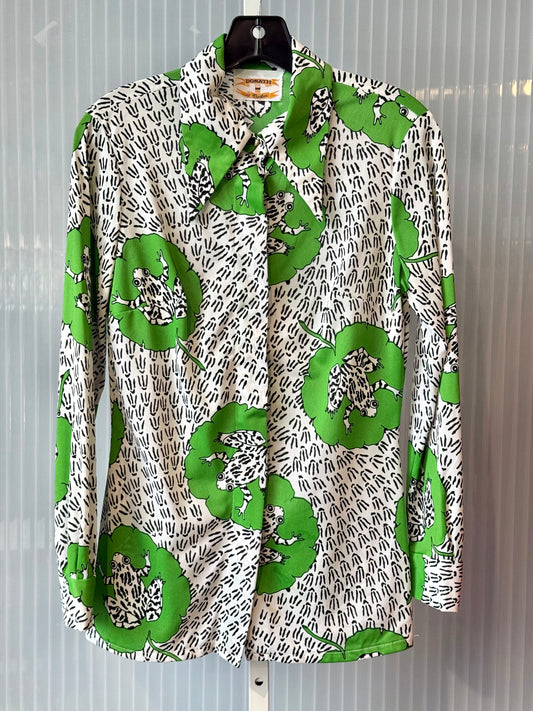 1970s Printed Frog & Lily Pad Point Collar Blouse
