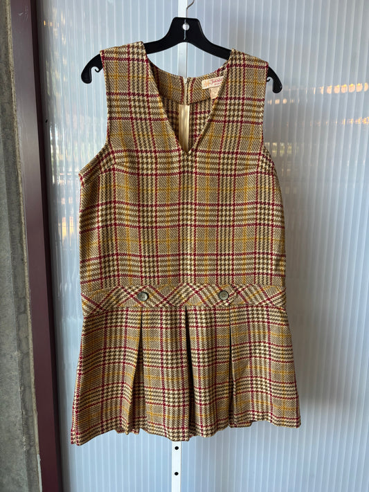 1970s Mod Drop Waist Houndstooth Plaid Tweed Pleated Romper