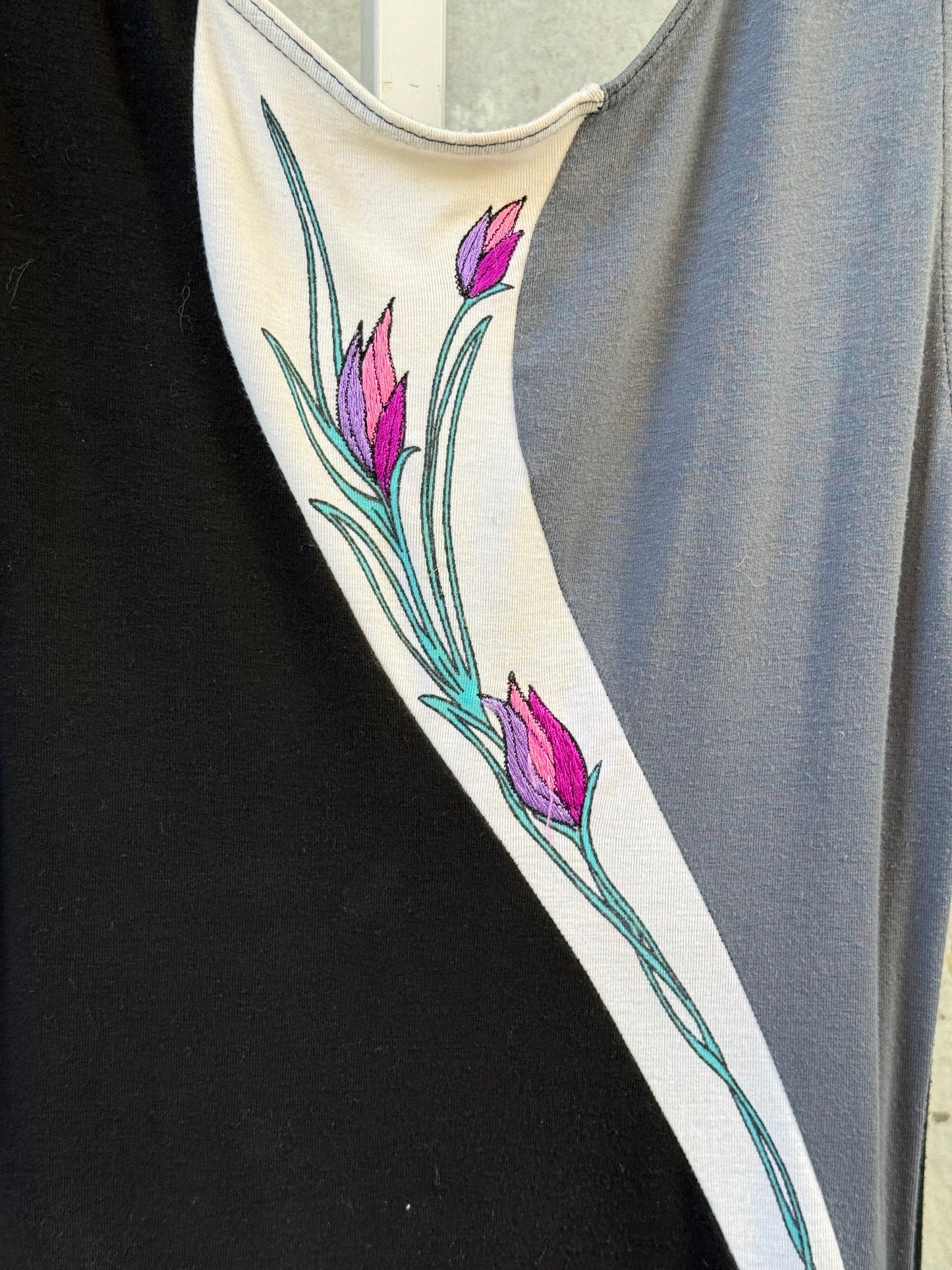 1980s Black Jumpsuit with Pink Floral Design Panels