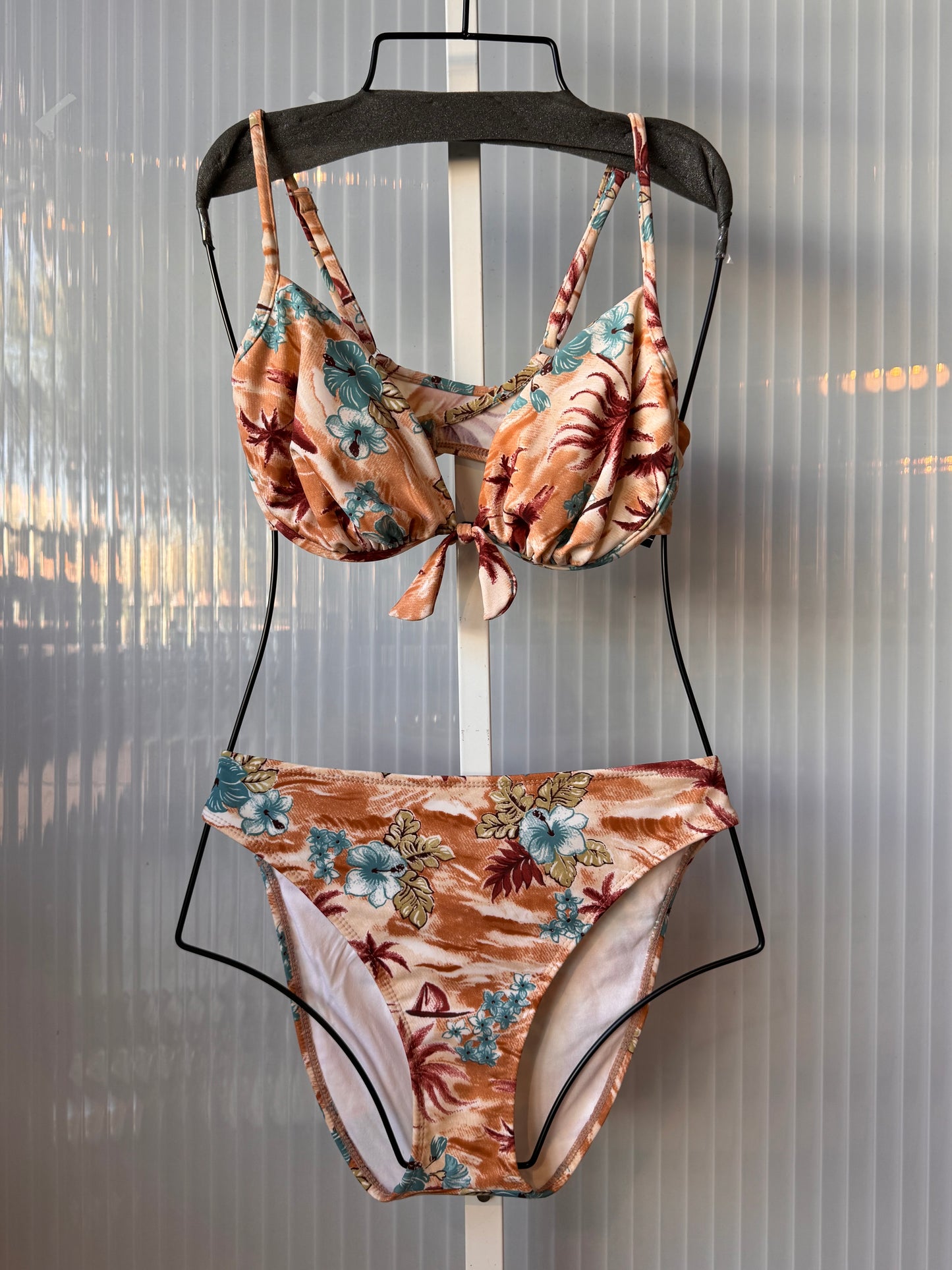 1990s Terracotta & White Bikini Set w/ Blue Hibiscus Print