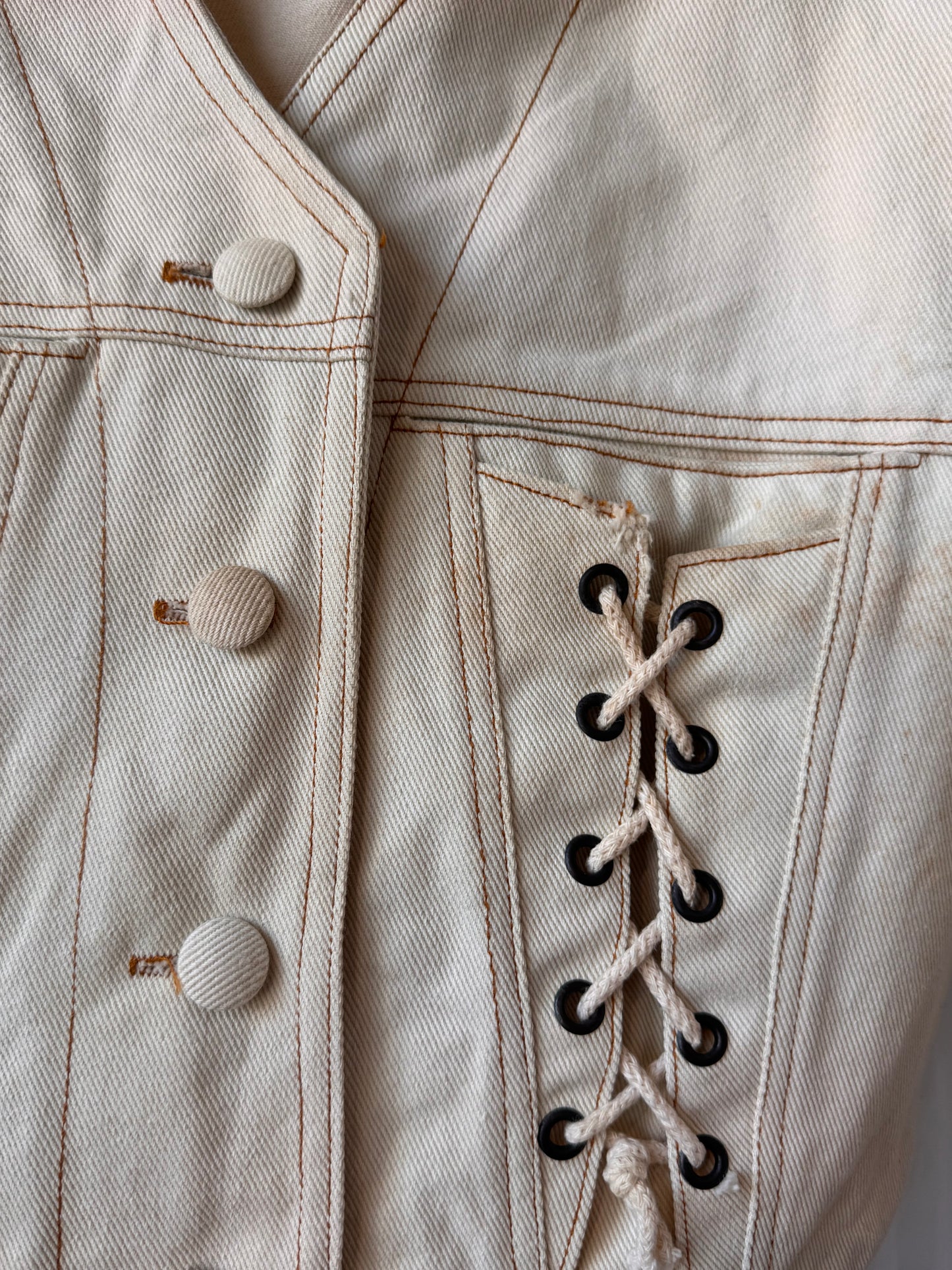 1970s White Denim Cropped Jacket w/ Lace-Up Front Cinches