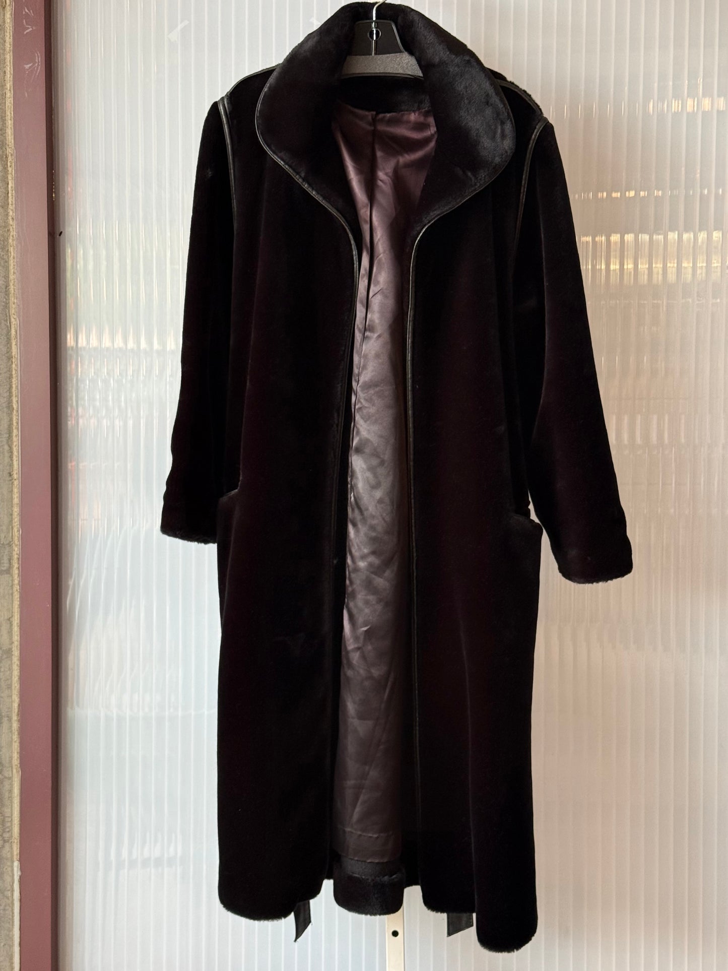 1970s Black Deep Pile Fuzzy Leather Trim Coat
