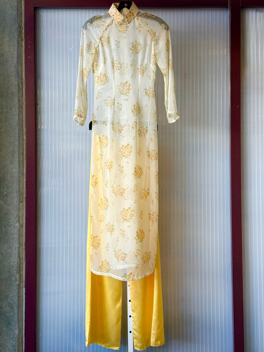 1970s Yellow Floral Mandarin Collar Sheer Overlay & Gold Satin Pants Set