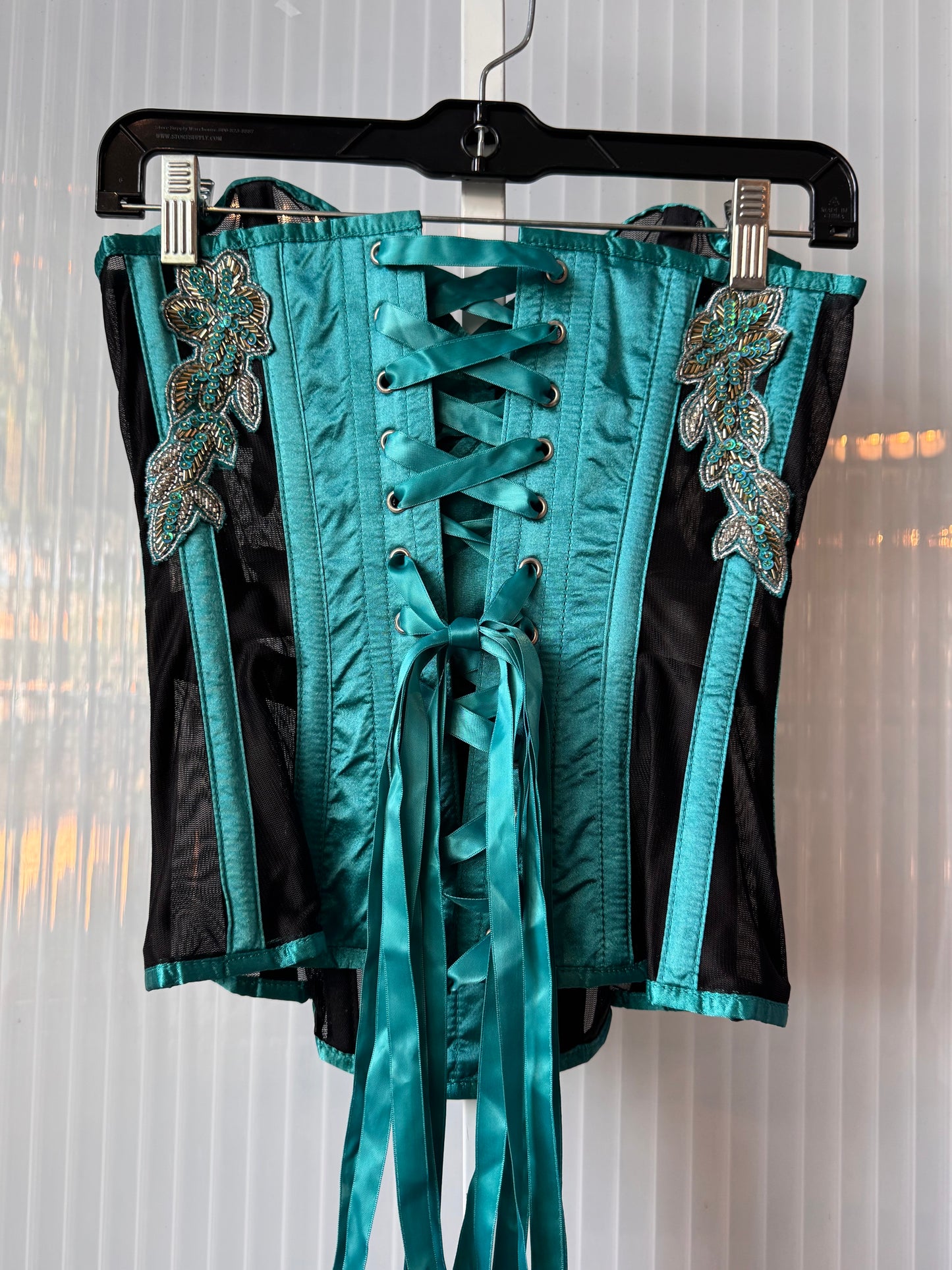 Corset Story Beaded Teal & Black Mesh & Satin Overbust Corset