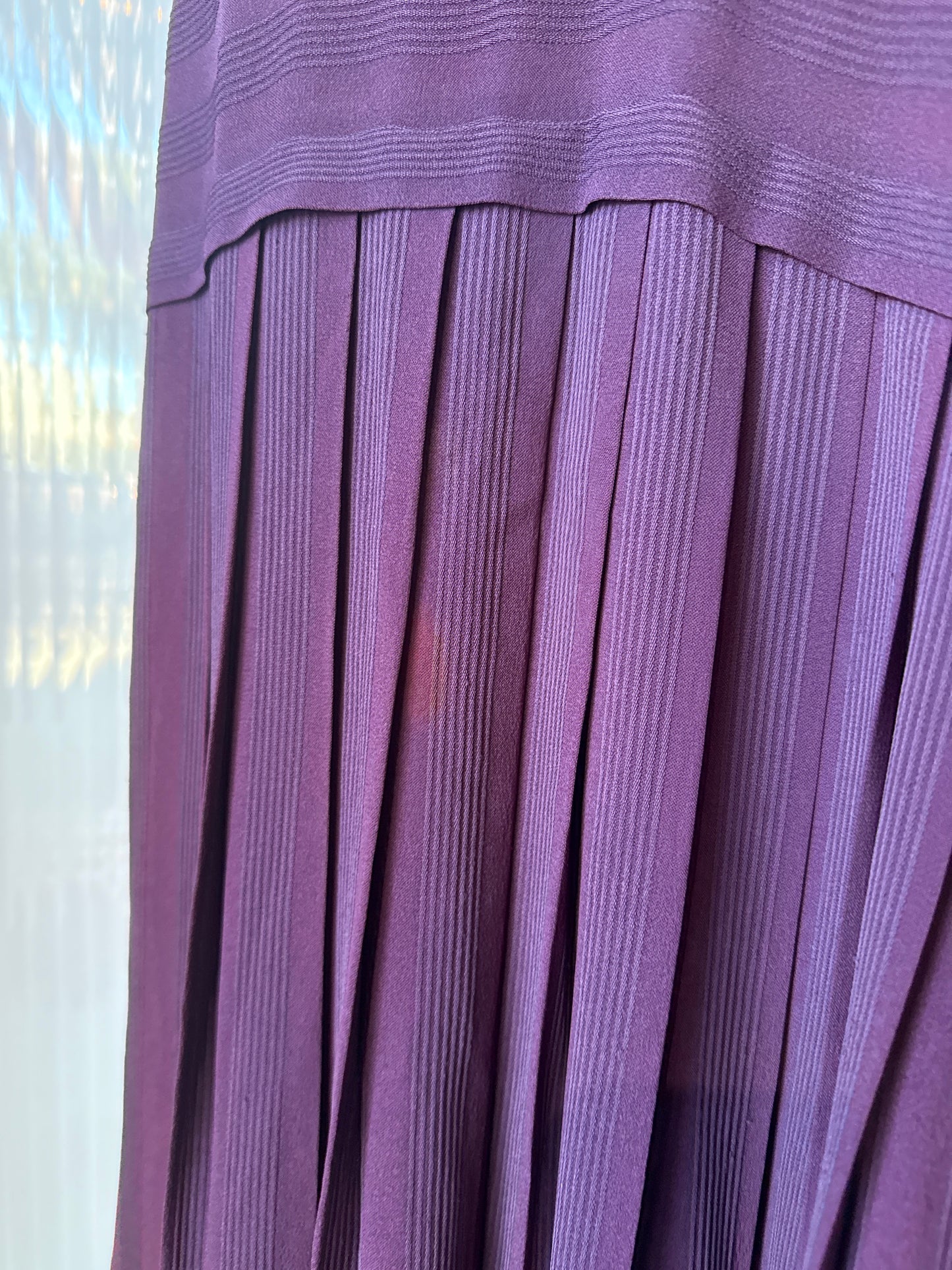 1940s Purple Striped Pleated Dress w/ Velvet Collar Trim