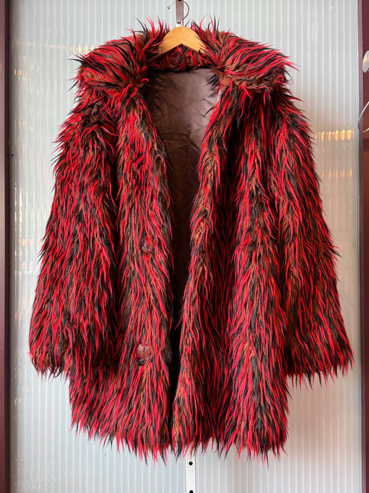 1990s Red Black & Brown Faux Fur Rave Coat