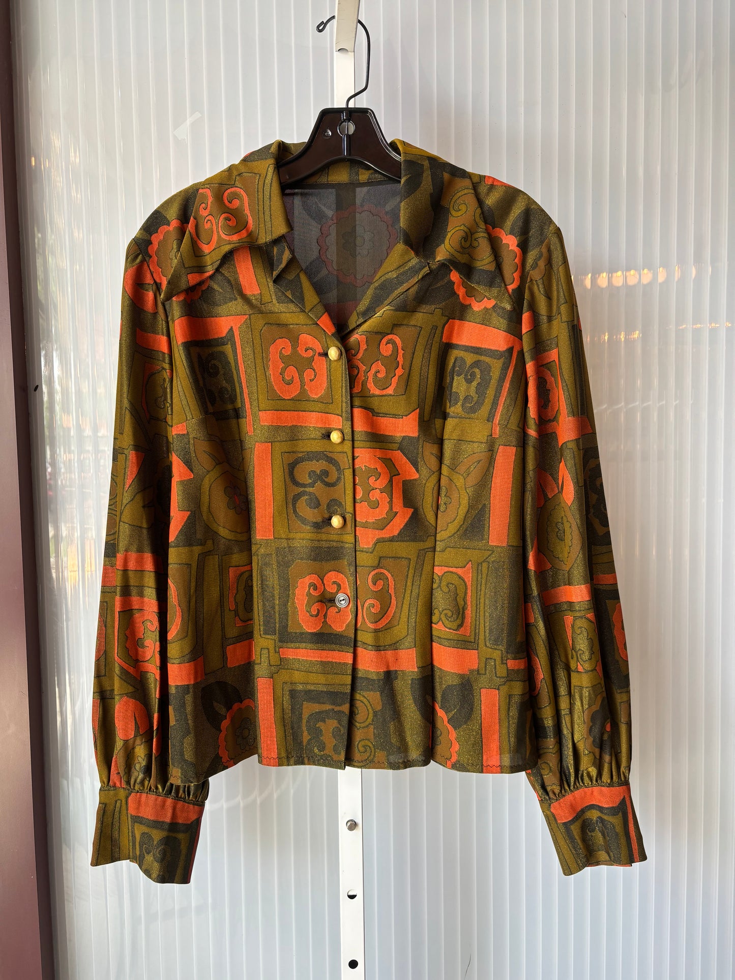 1970s Shimmering Multicolor Geometric Patterned Blouse and Skirt Set