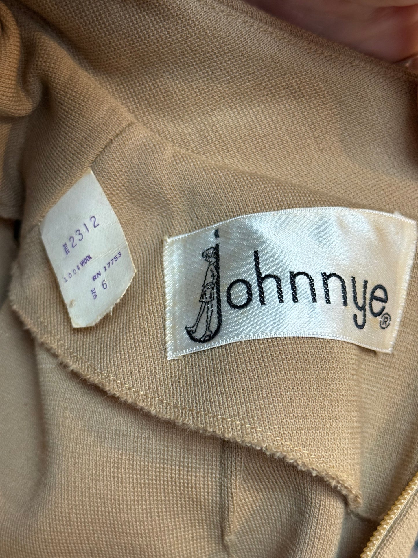 1970s Deadstock Johnnye Tan Mod Dress w/ High Collar