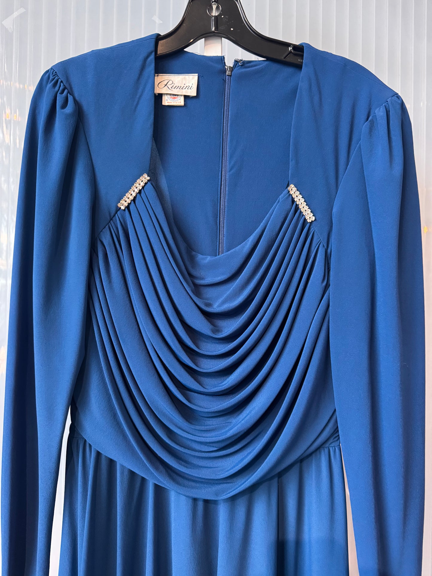 1980s Dark Blue Draped Dress with Silver Rhinestone Accents