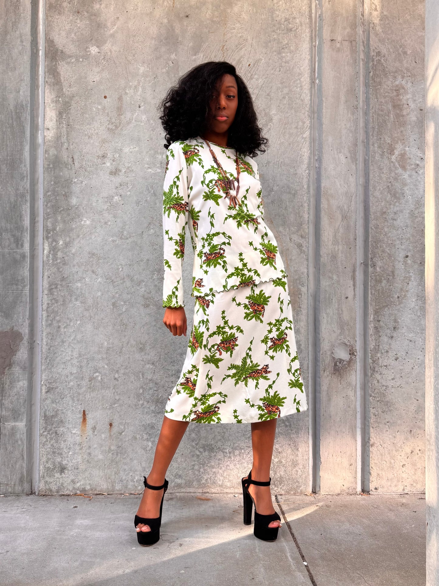 1970s White & Green Jaguar Print Top & Skirt Set
