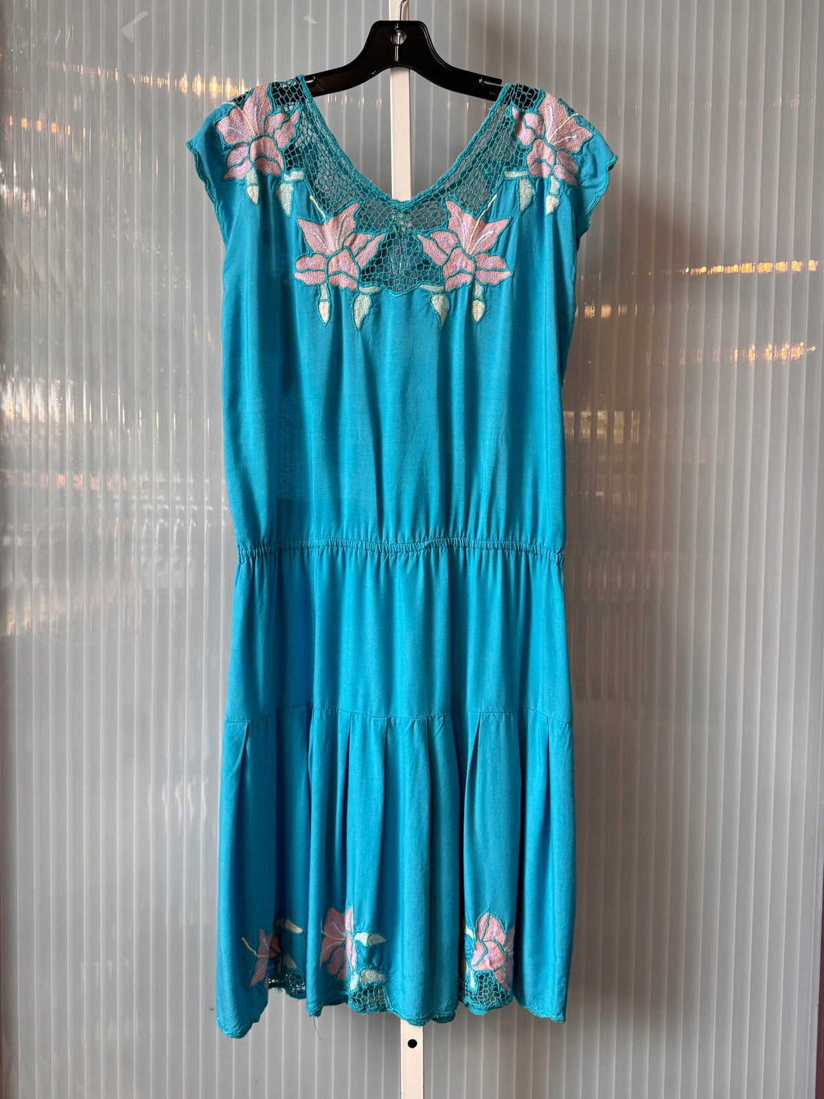 1970s Blue & Pink Floral Embroidered Dress