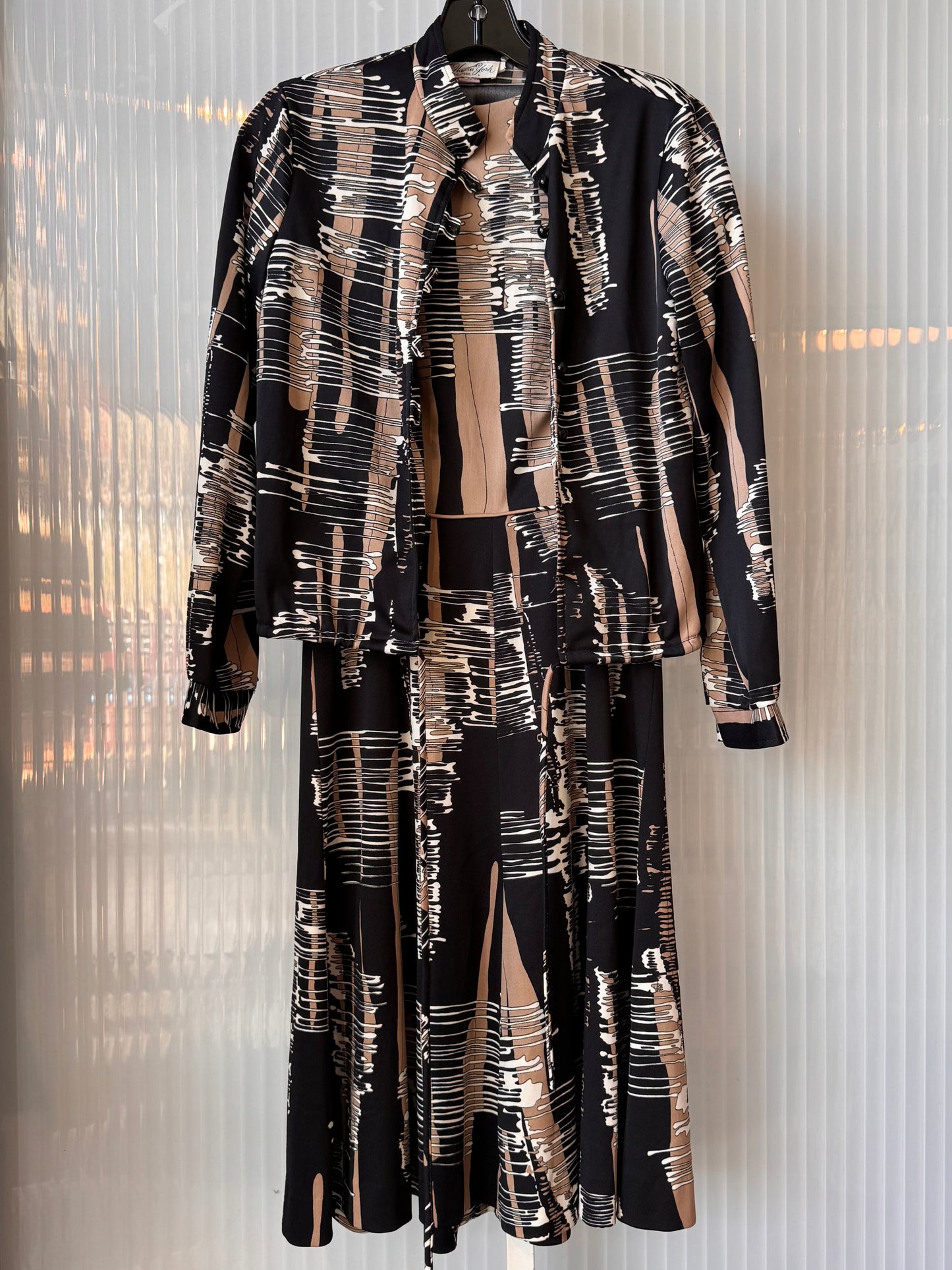 1970s Tan & Black Dress & Jacket Abstract Striped Set
