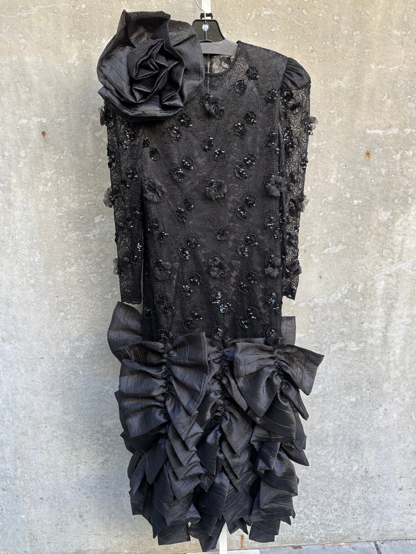 1980s Black Lacey Prom Dress w/ Flowers & Sequin Appliqué