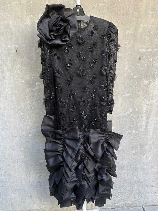 1980s Black Lacey Prom Dress w/ Flowers & Sequin Appliqué