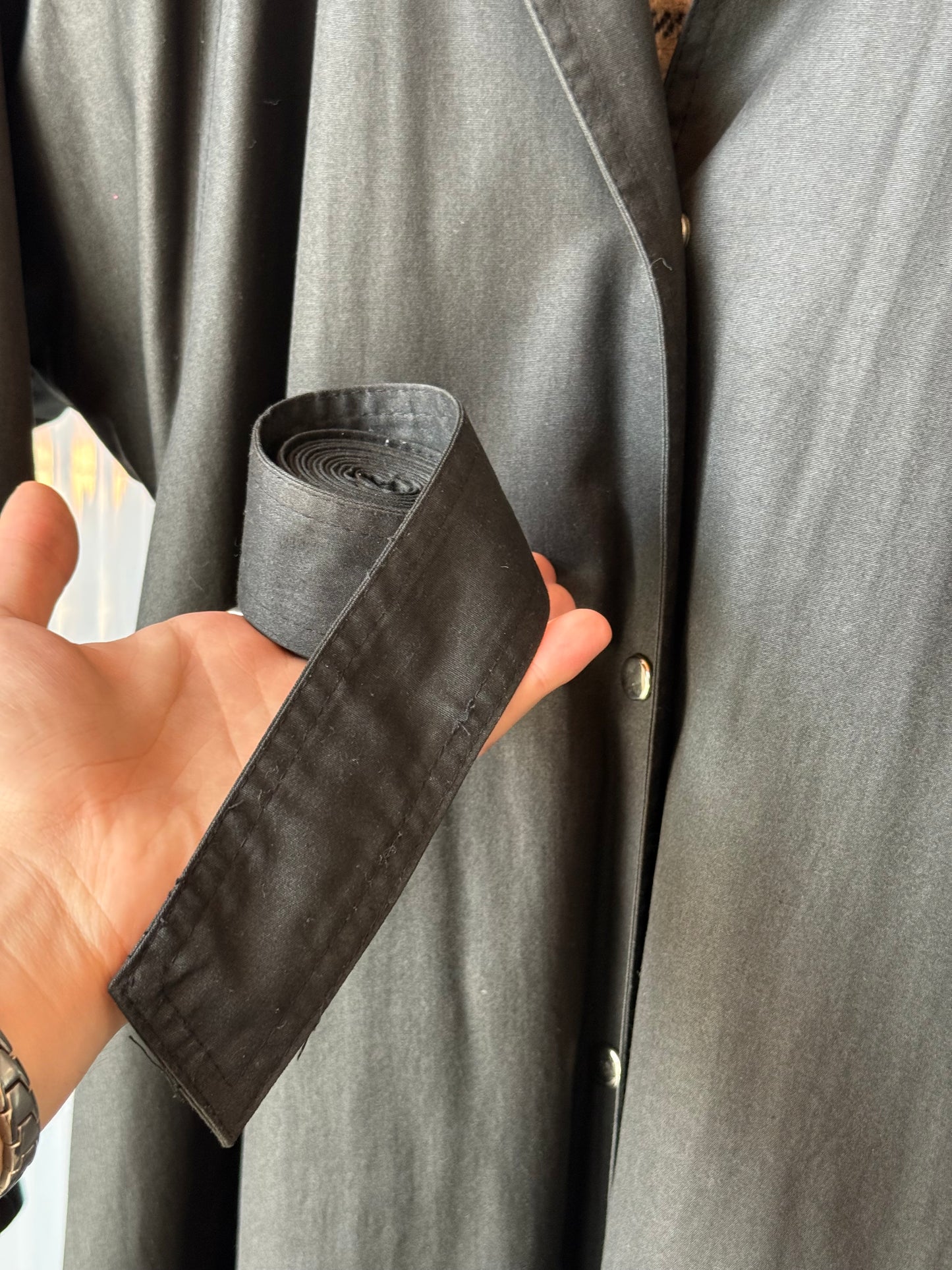1960s Black Trench Coat w/ Plaid Tweed Lining