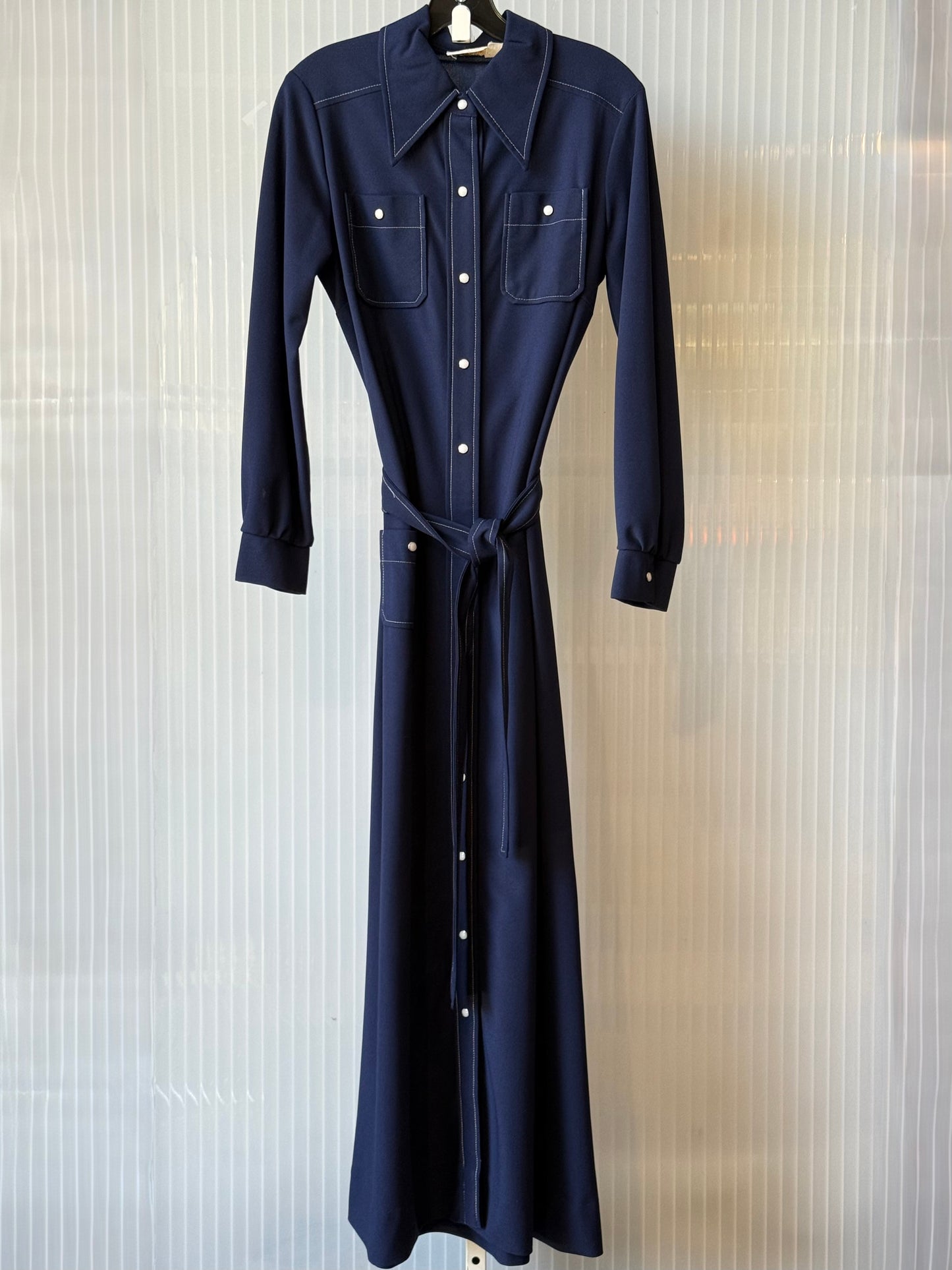1970s Dark Blue Pearl Snap Full-Length Western Dress