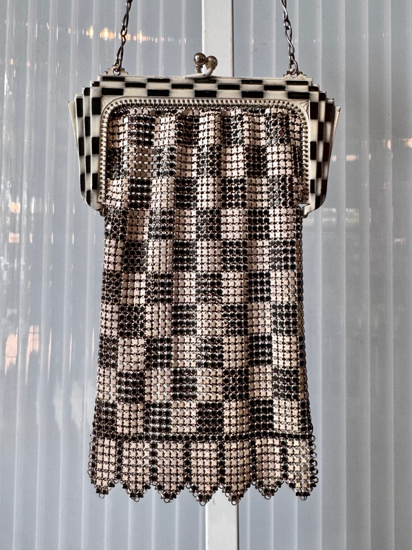 1920s White & Black Checkerboard Metal Mesh Flapper Purse