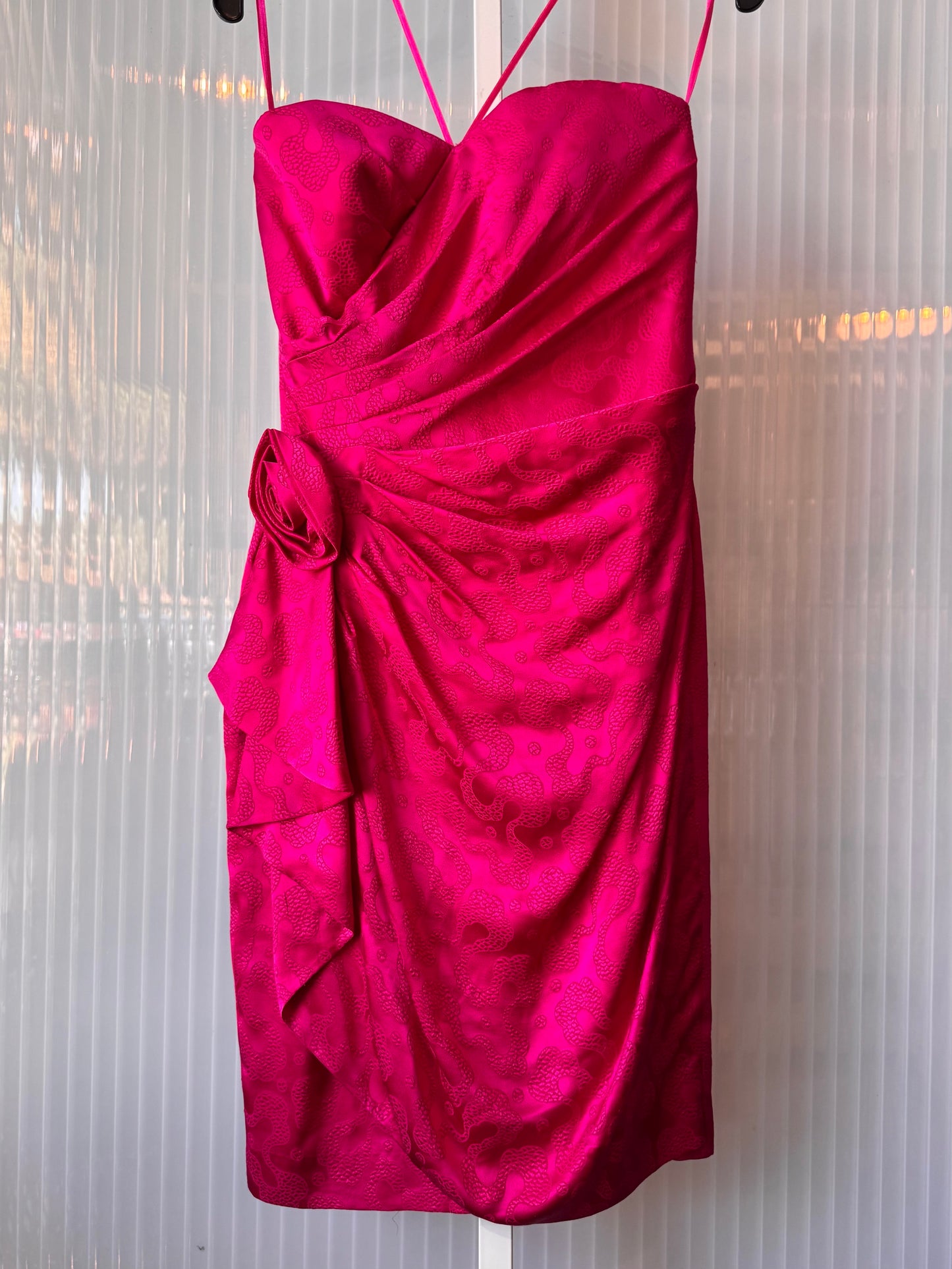 Y2K Hot Pink Brocade Strapless Formal Dress