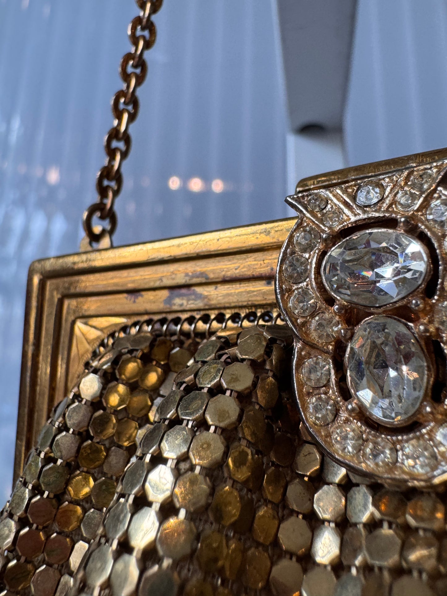 1940s Gold Tone Mesh Rhinestone Clutch Purse