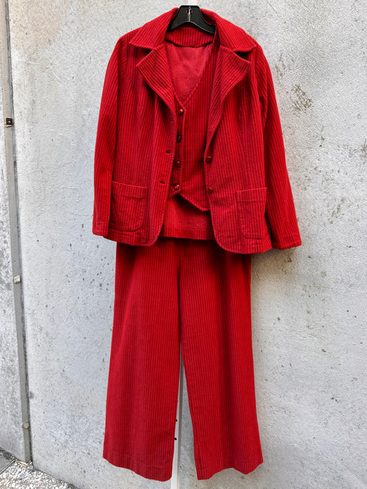 1970s Red Orange Velvety Corduroy Jacket Vest & Pants Set