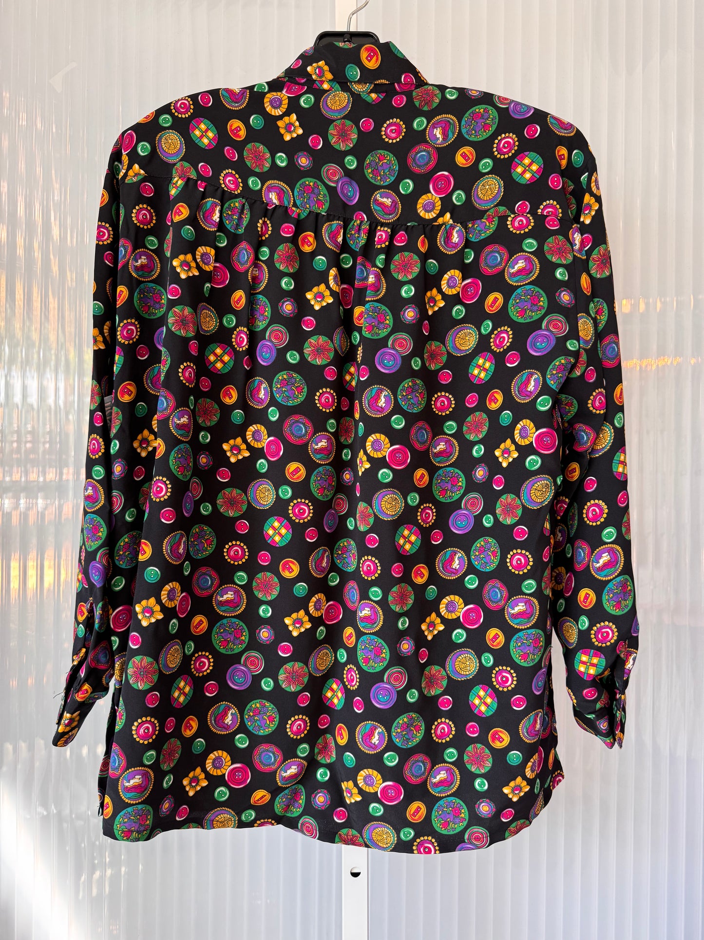 1980s Black & Multicolor Button Pattern Blouse