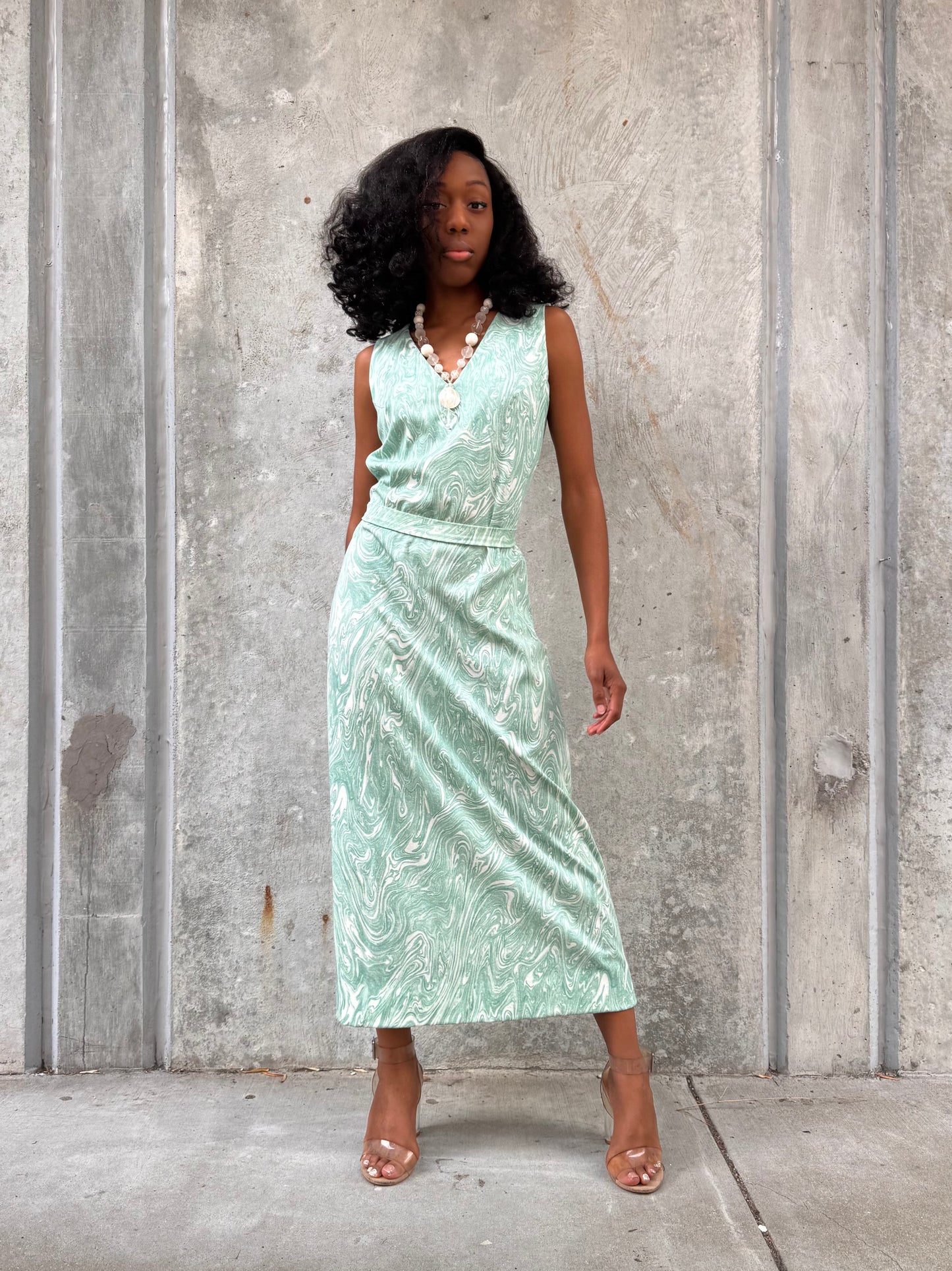 1970s Marbled Teal Dress & Wrap Jacket Set