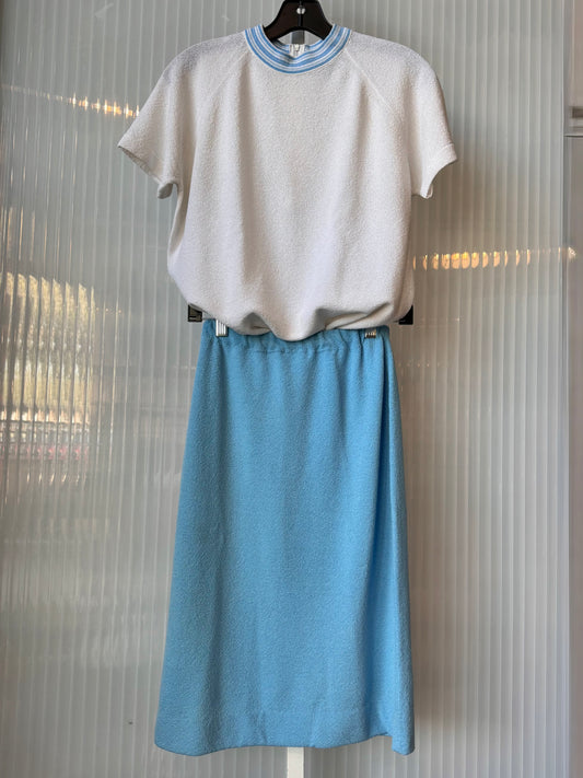 1970s Blue & White Polyknit Top & Skirt Set