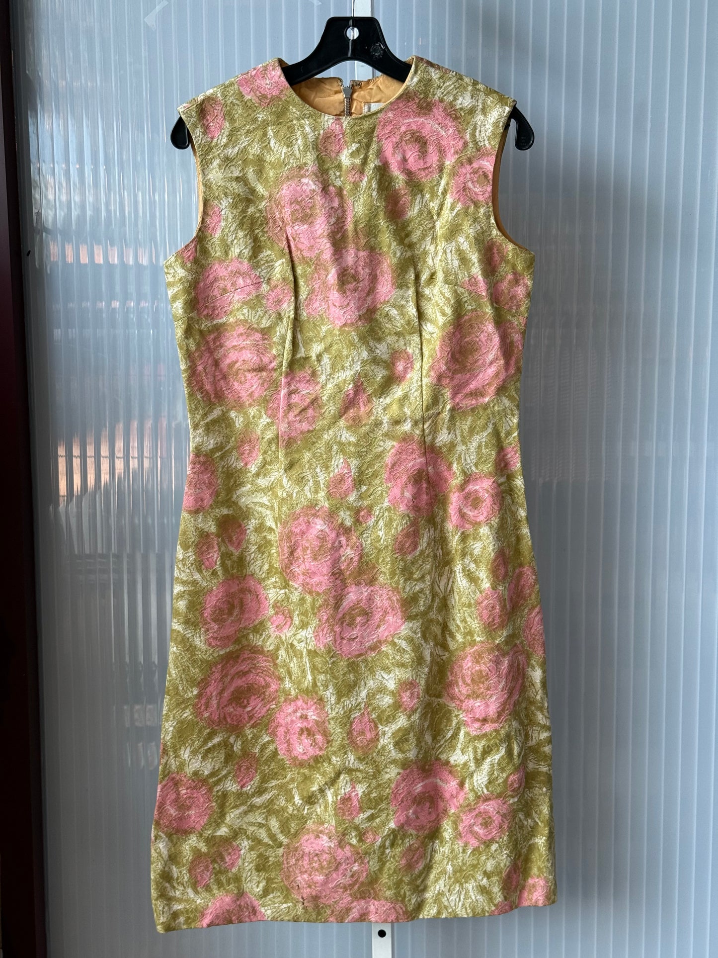 1960s Green & Pink Floral Sheath Dress w/ Sash