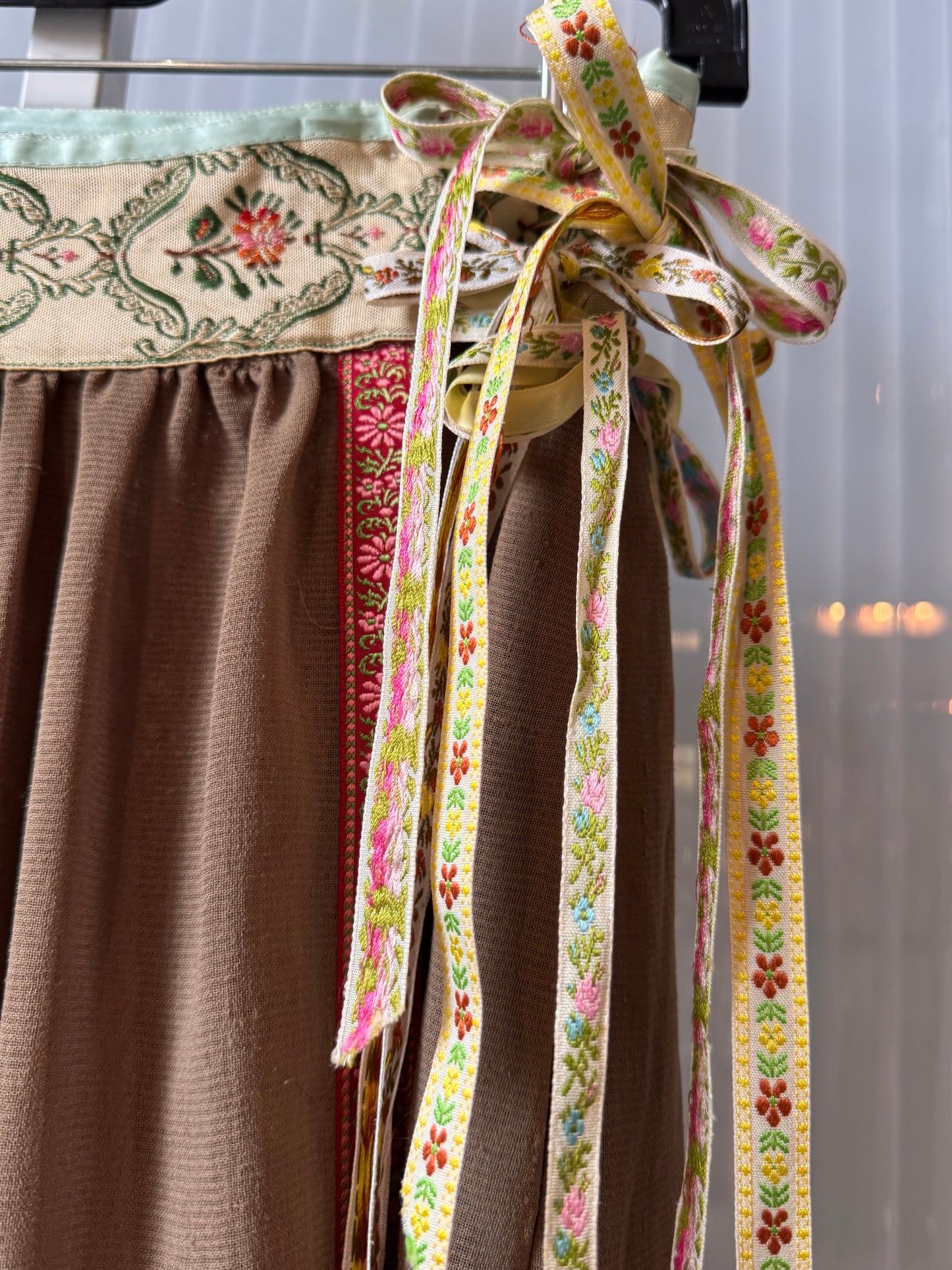 1970s Olive Green Hippie Skirt with Floral Ribbon