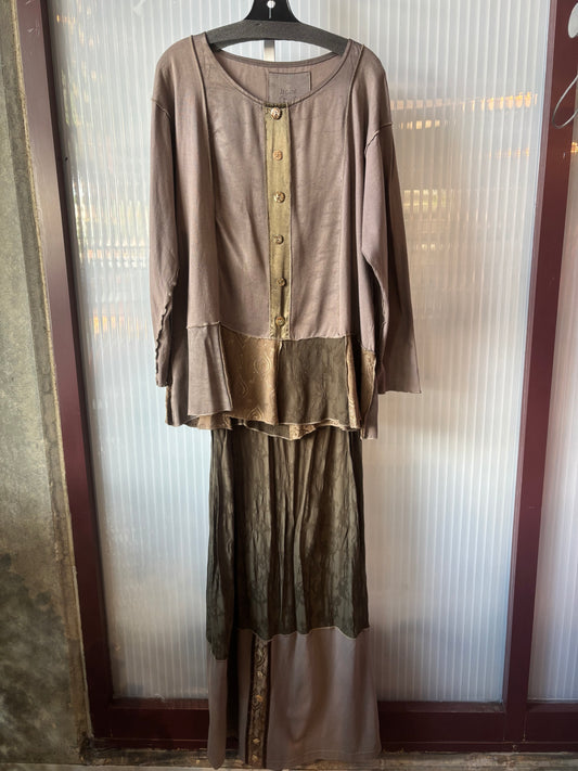 1990s Boho Patchwork Blouse and Skirt Set with Abalone Buttons