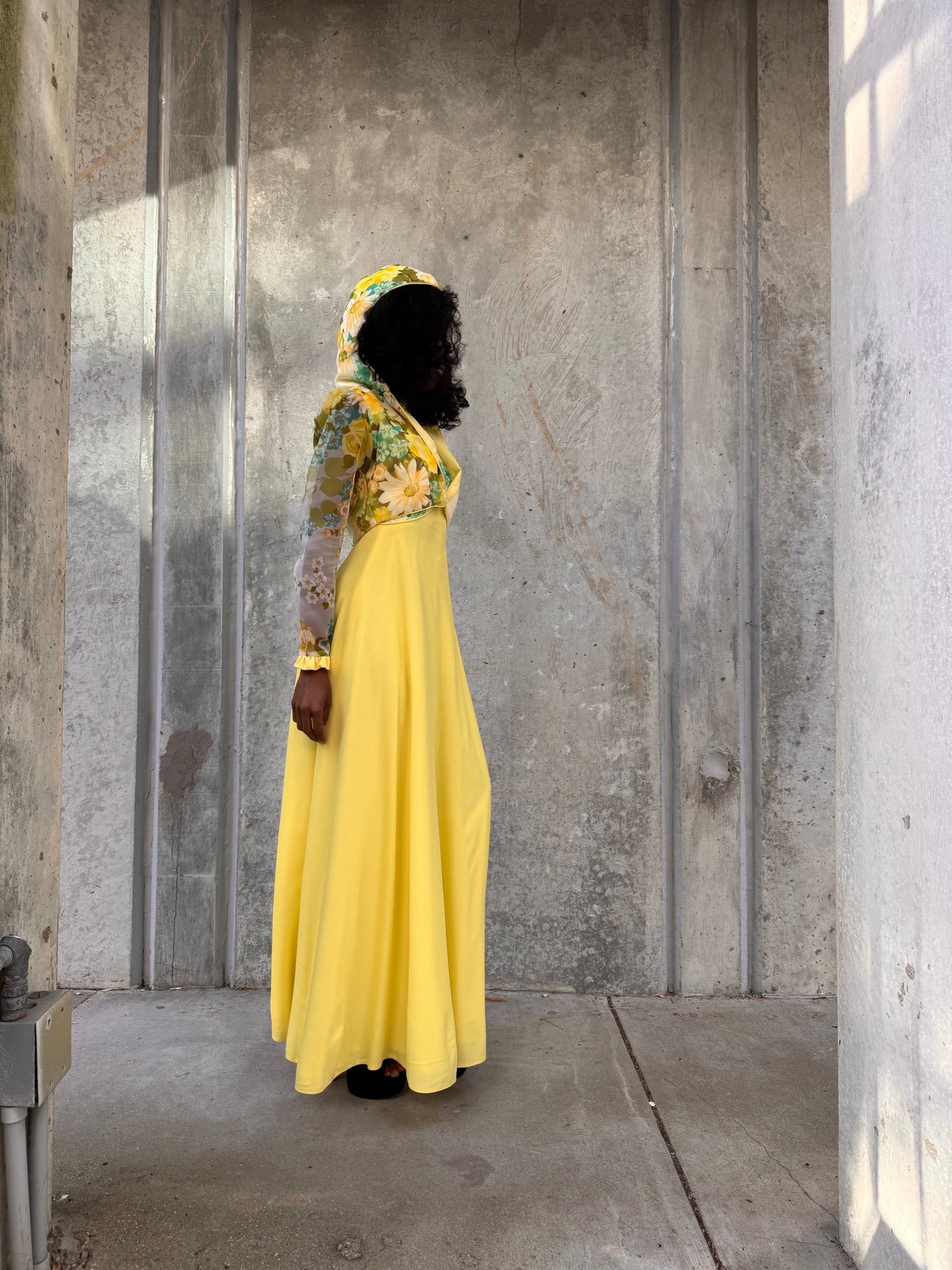 1960s Yellow Floral Empire Waist Dress with Hooded Jacket