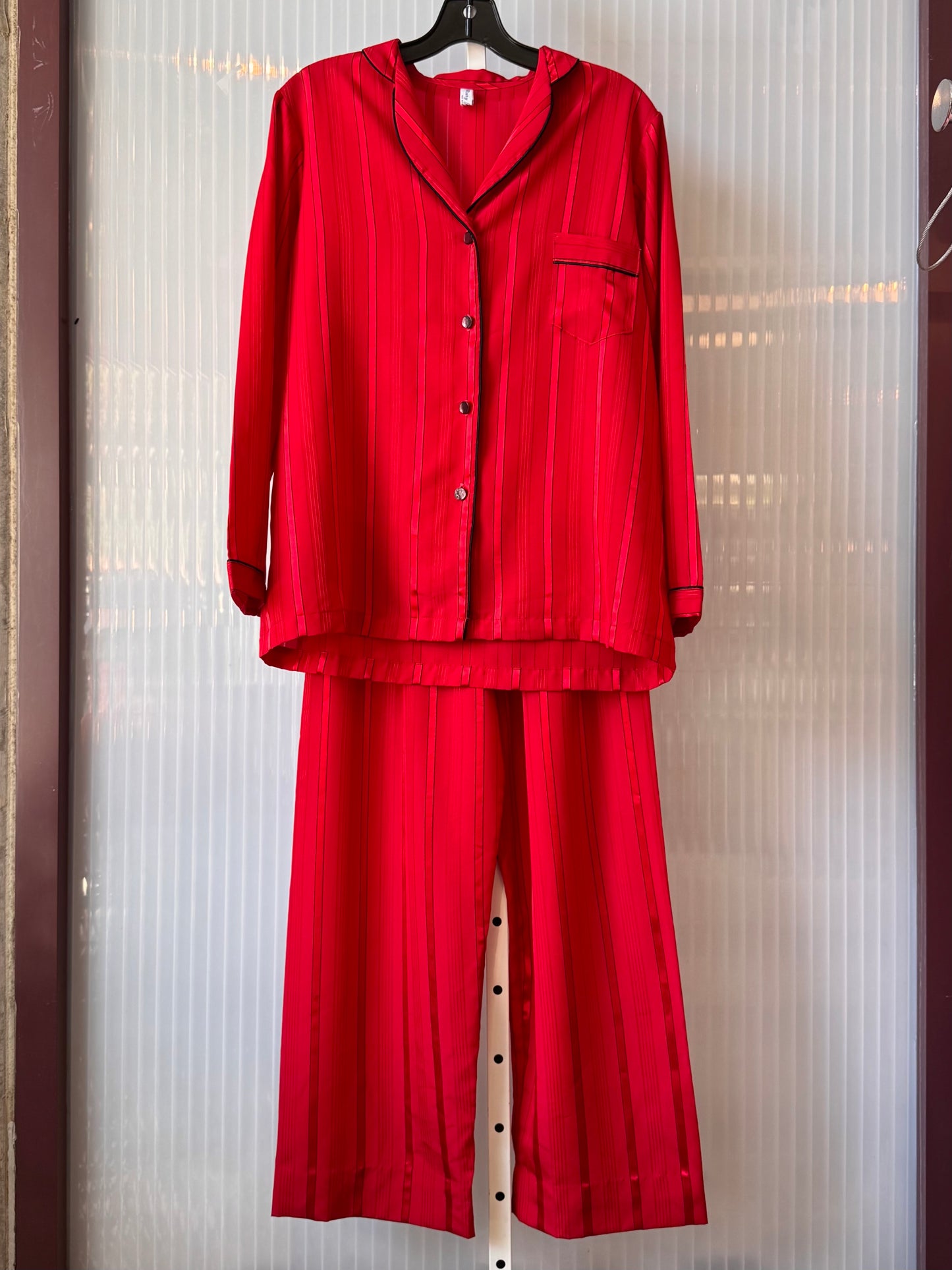 1980s Red Striped Satin Pajama Shirt and Pants Set
