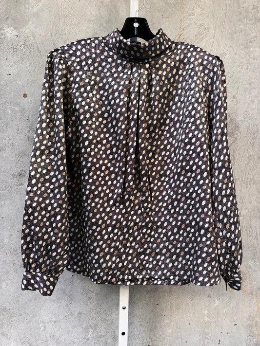 1980s Mock Neck Pleated Blouse with Geometric Pattern