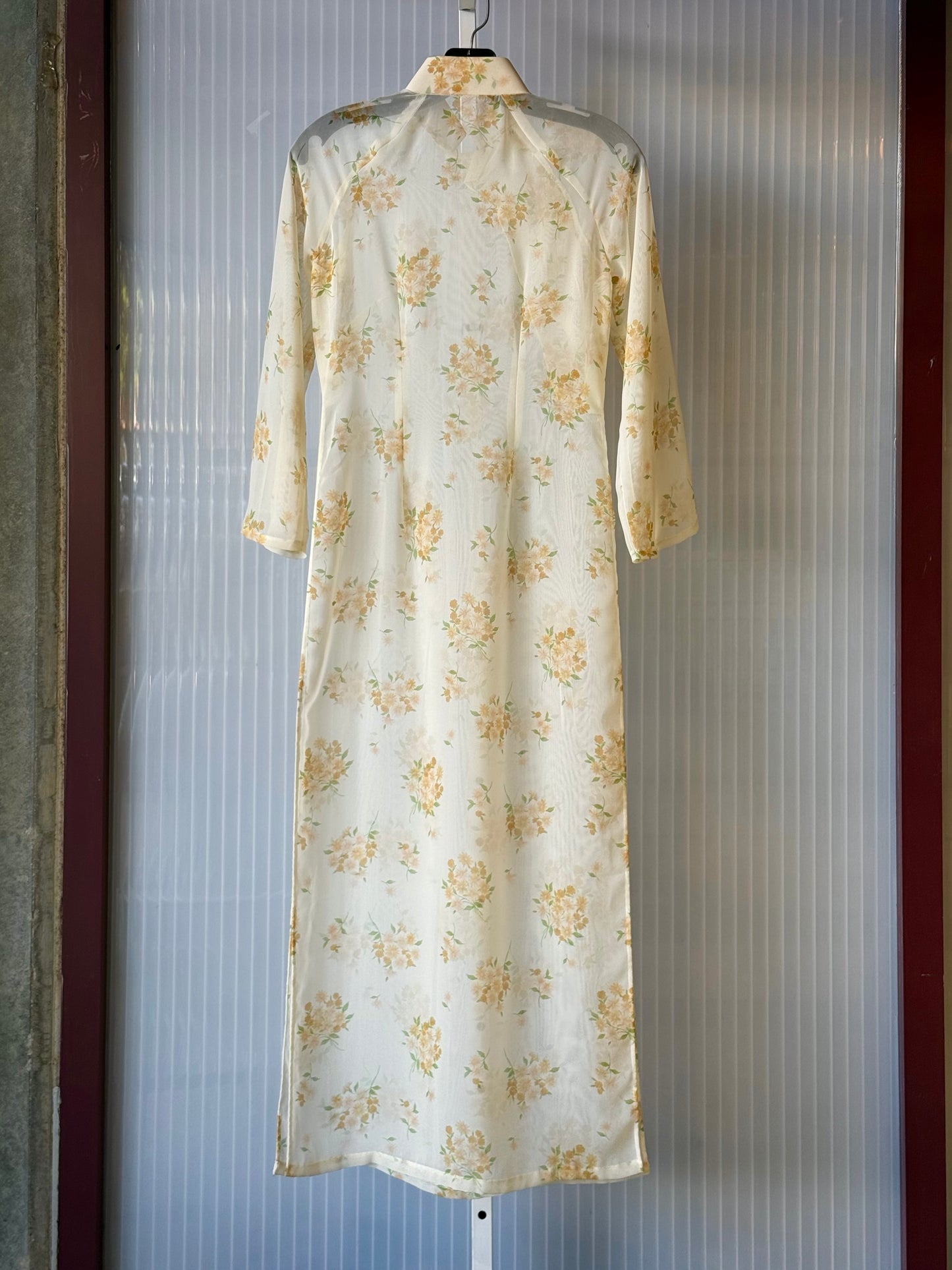 1970s Yellow Floral Sheer Ao Dai & Gold Satin Pants Set