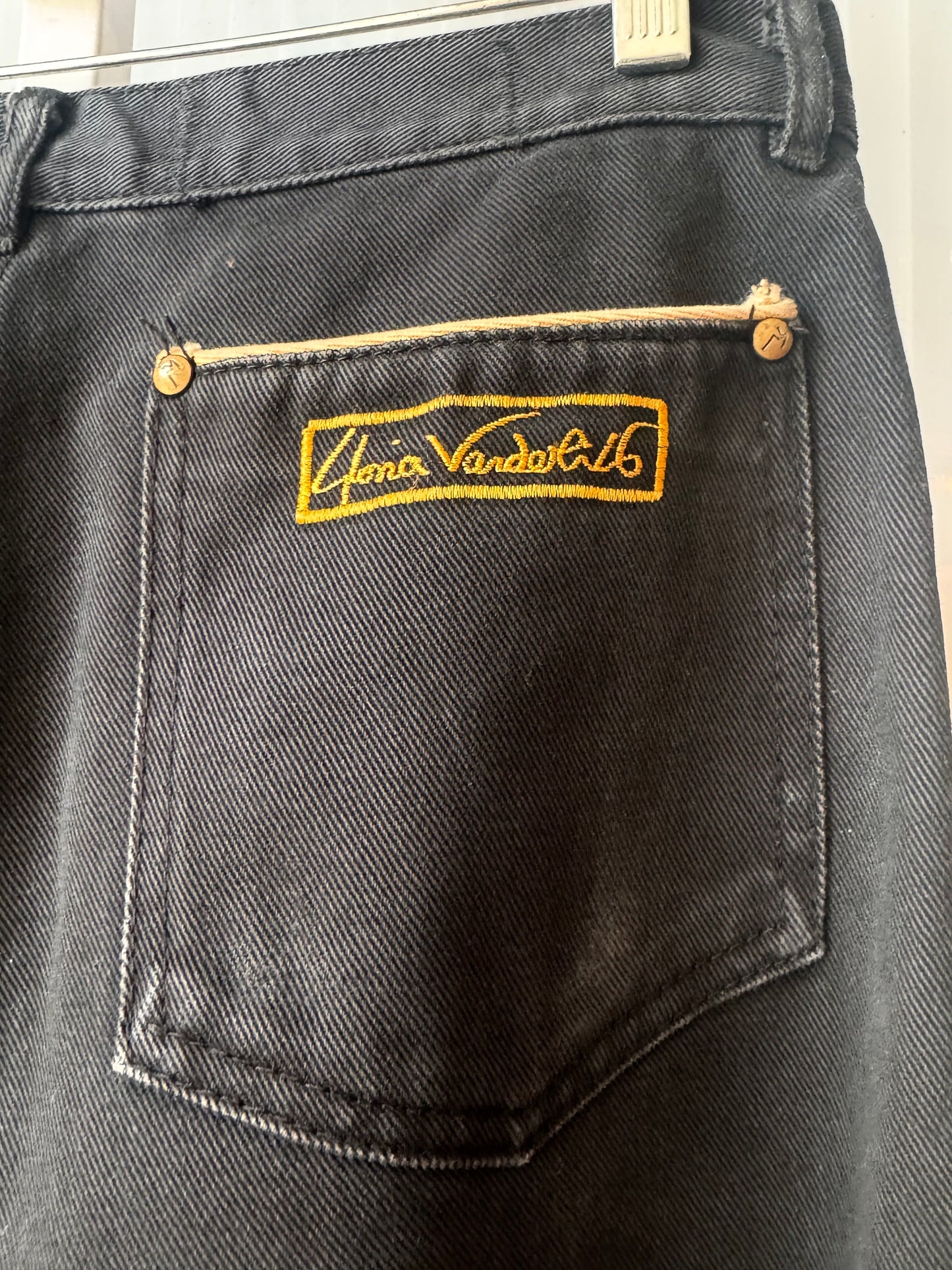 1980s Gloria Vanderbilt Black Denim Pants w/ Cream Piping