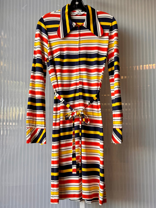 1970s Multicolor Striped Rounded Collar Zip-Up Dress