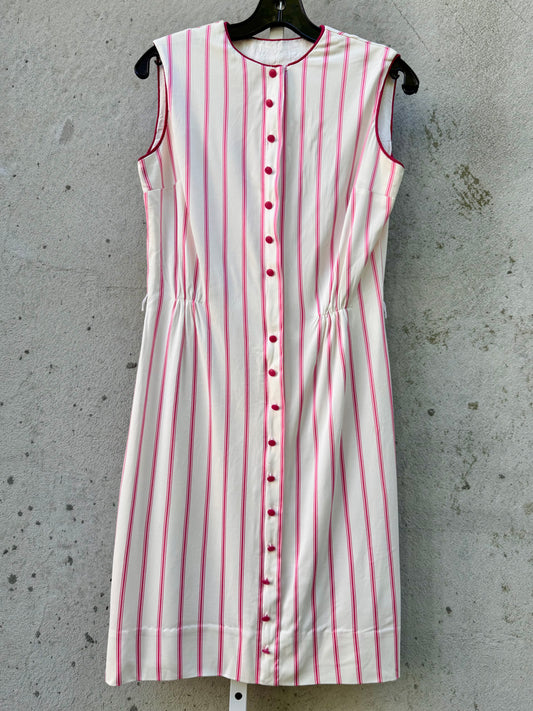 1970s White & Magenta Pinstripe Dress